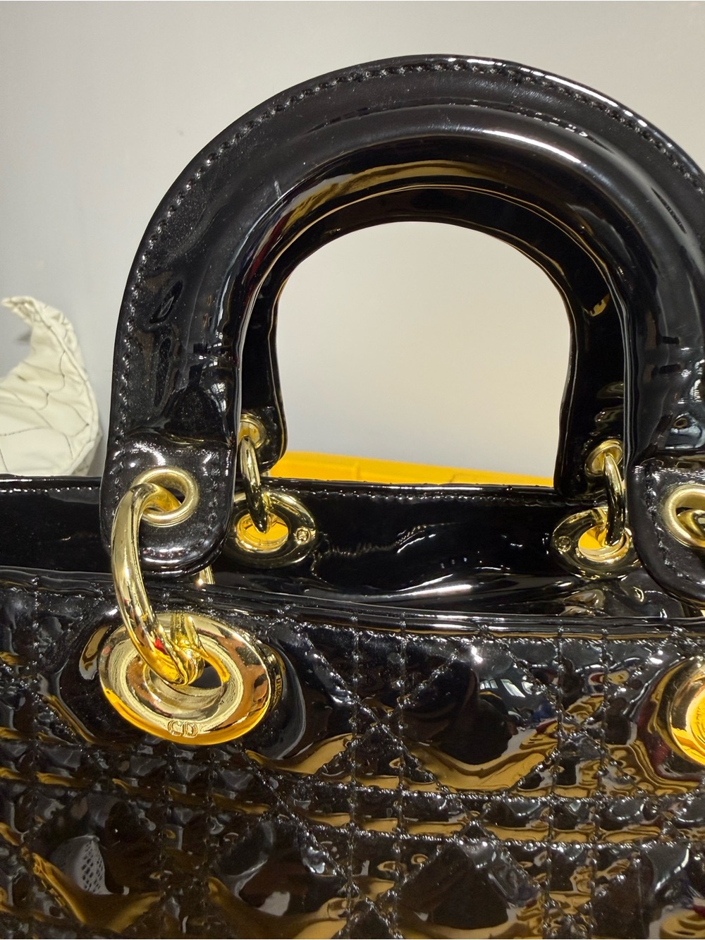 Black Patent Quilted Top-Handle Bag with Gold Hardware - Picture 6 of 9